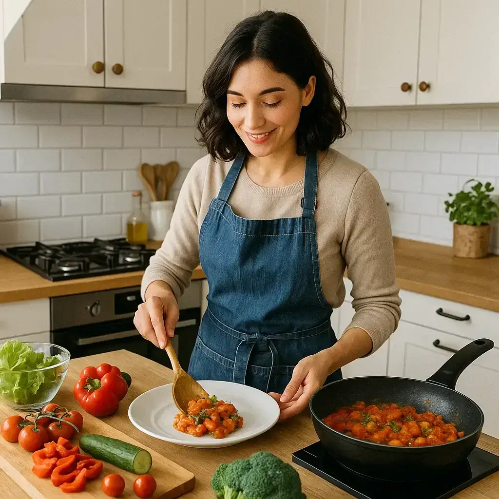 Femme souriante en train de préparer une salade colorée dans sa cuisine, symbole de bien manger au quotidien.