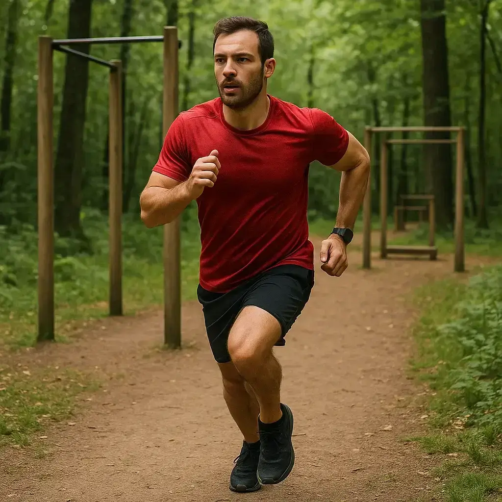 Homme effectuant un intense Cardio Training dans un parc de santé verdoyant.