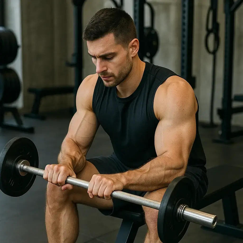 Homme effectuant un curl inversé avec barre pour développer des Avant Bras Musclés.