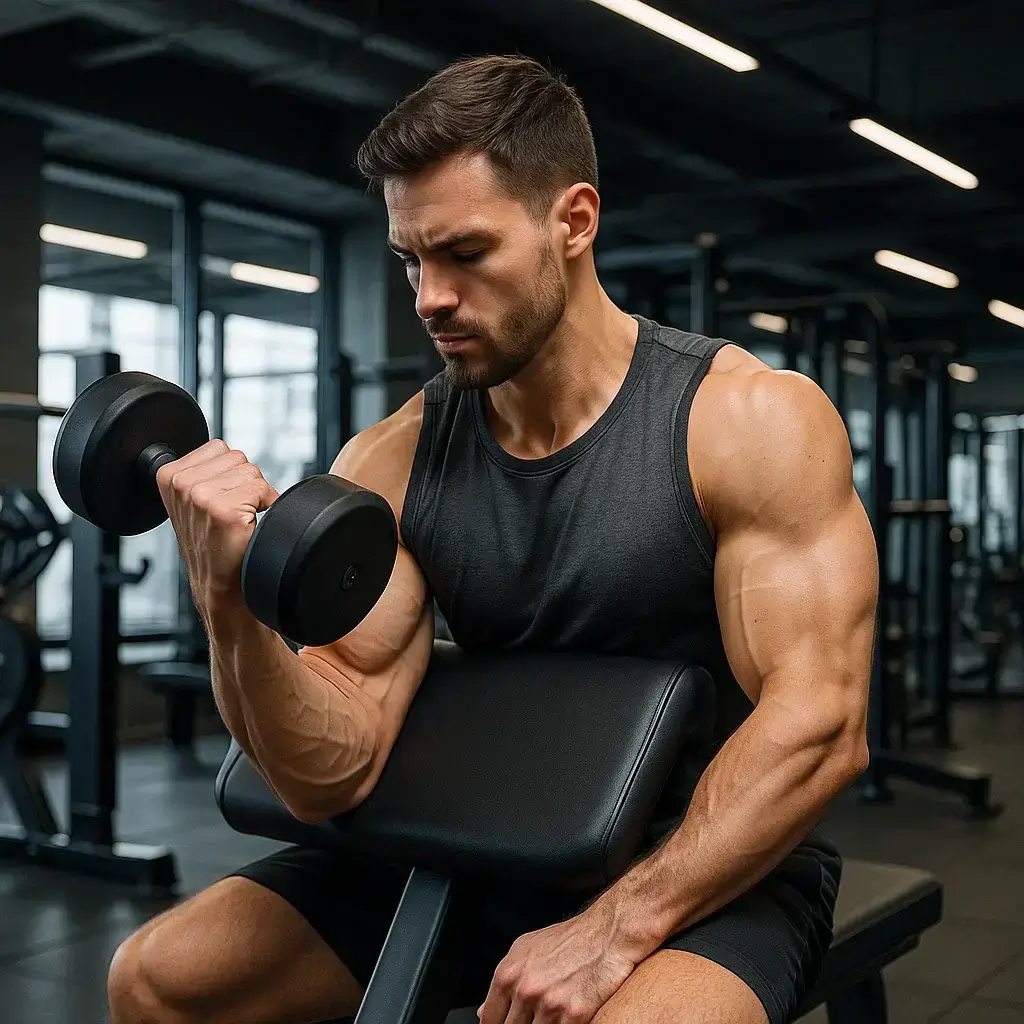 Homme en train de muscler le muscle brachial avec haltères dans une salle de sport.