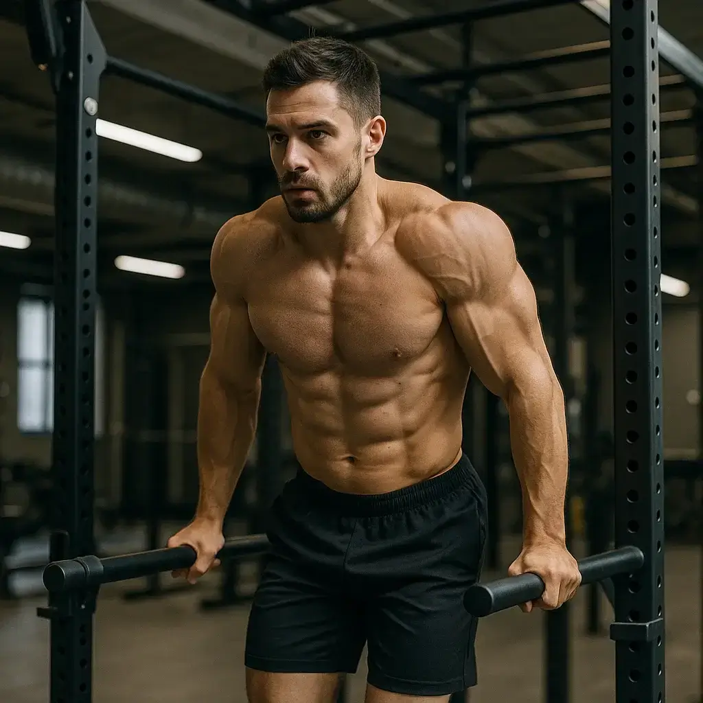 Homme réalisant des dips sur machine dans le cadre de son planning sportif en salle de musculation.