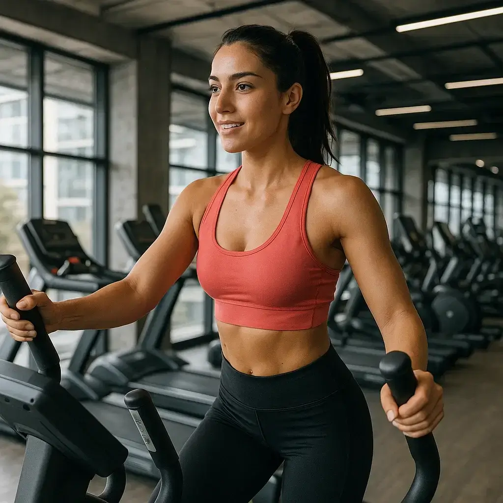 Femme dynamique en pleine séance cardio dans un Programme de Remise en Forme chez femme en salle de gym.