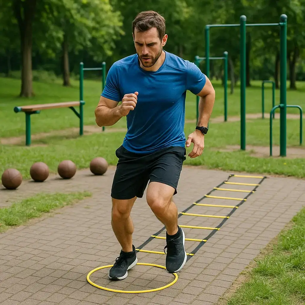 Homme en plein effort dans un Circuit Cardio-Training en salle de sport, réalisant des burpees.