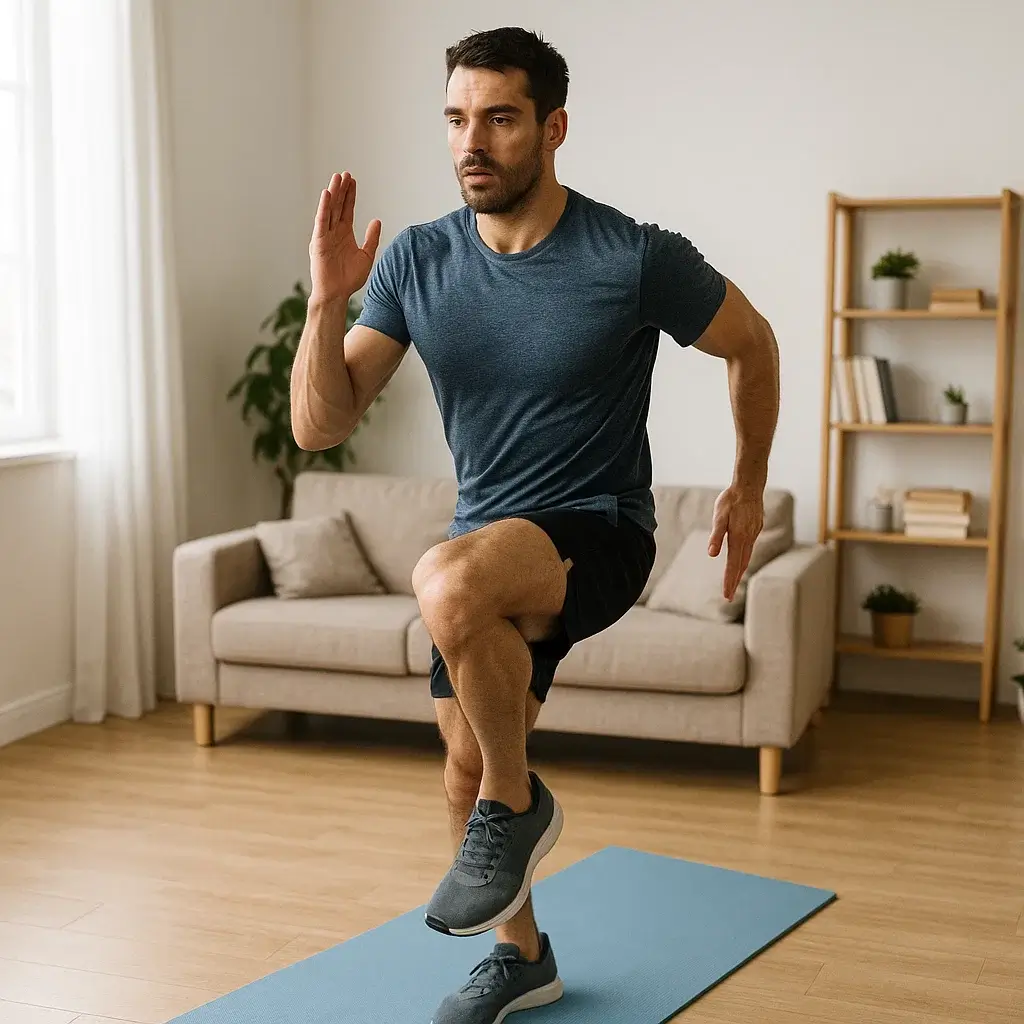Homme effectuant un entraînement de Cardio Training à la Maison dans son salon avec un tapis de fitness.