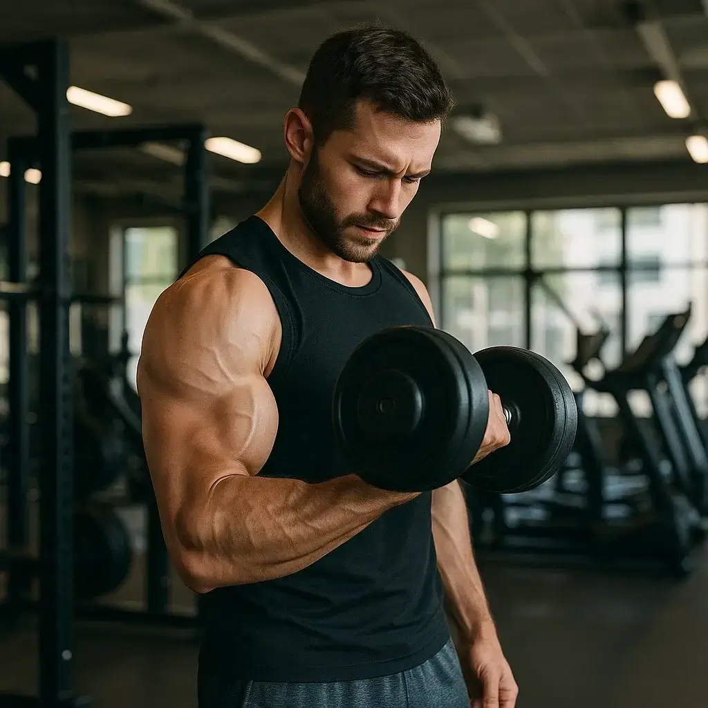 Homme effectuant un curl biceps avec haltères dans une salle de musculation moderne.