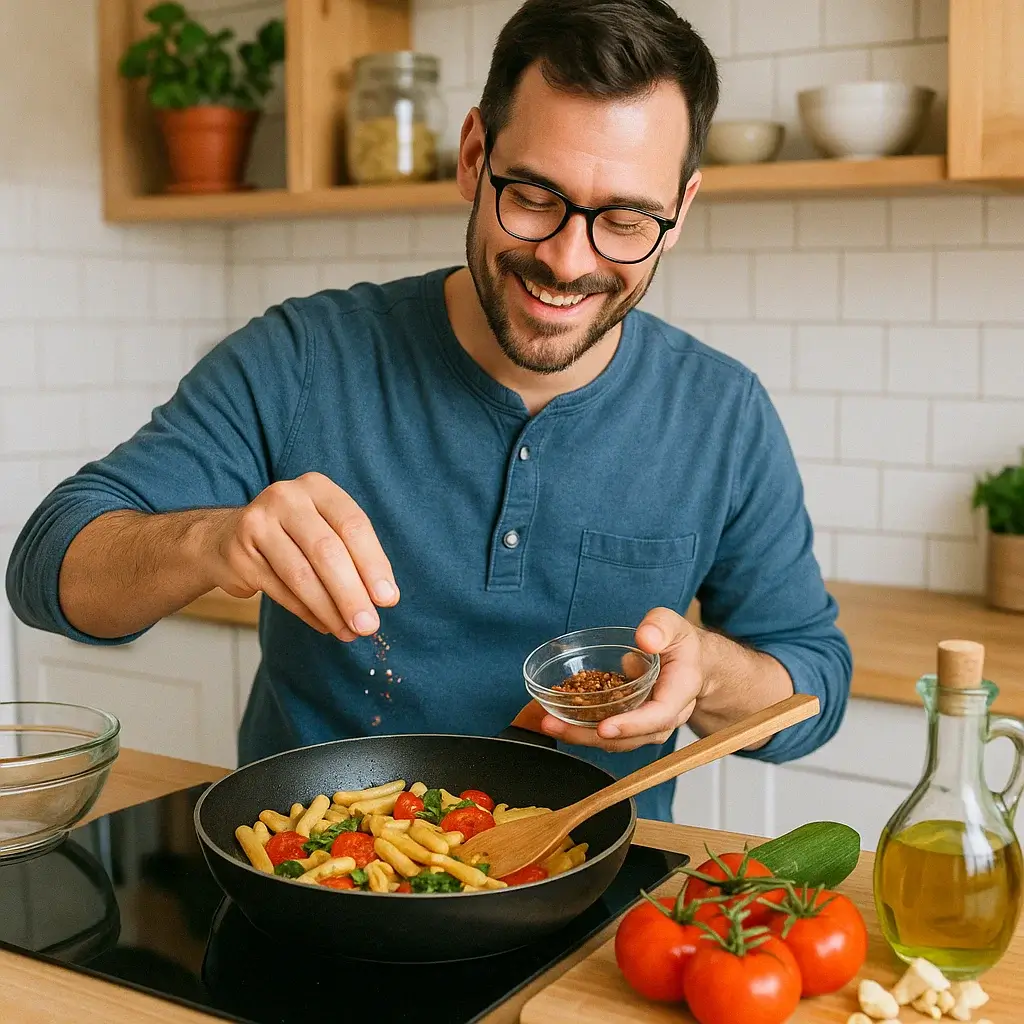 Un homme en train de cuisiner une salade colorée dans sa cuisine, illustrant son envie de Bien Manger.