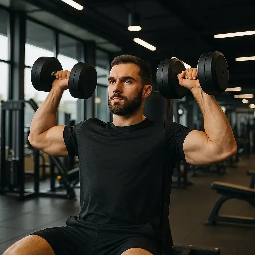 Homme en train de réaliser des exercices épaules avec haltère en salle de musculation.