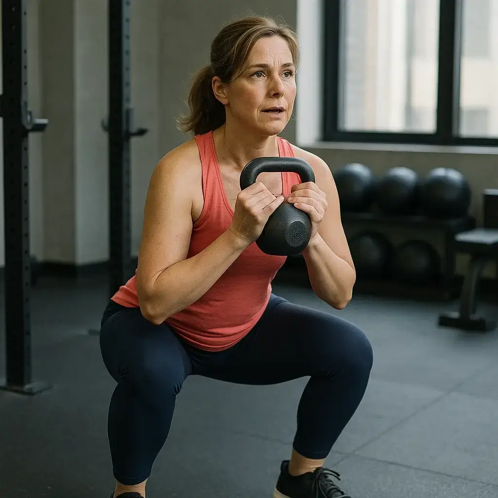 Femme active en pleine séance de remise en forme aux femmes de 40 ans avec une kettlebell en gym