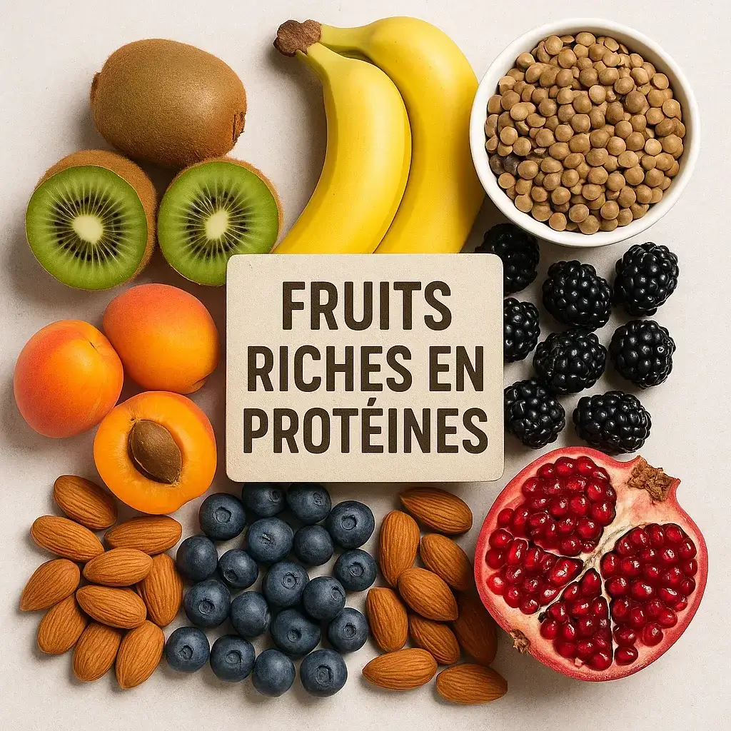 « Assortiment de fruits riches en protéines présentés sur une table en bois »