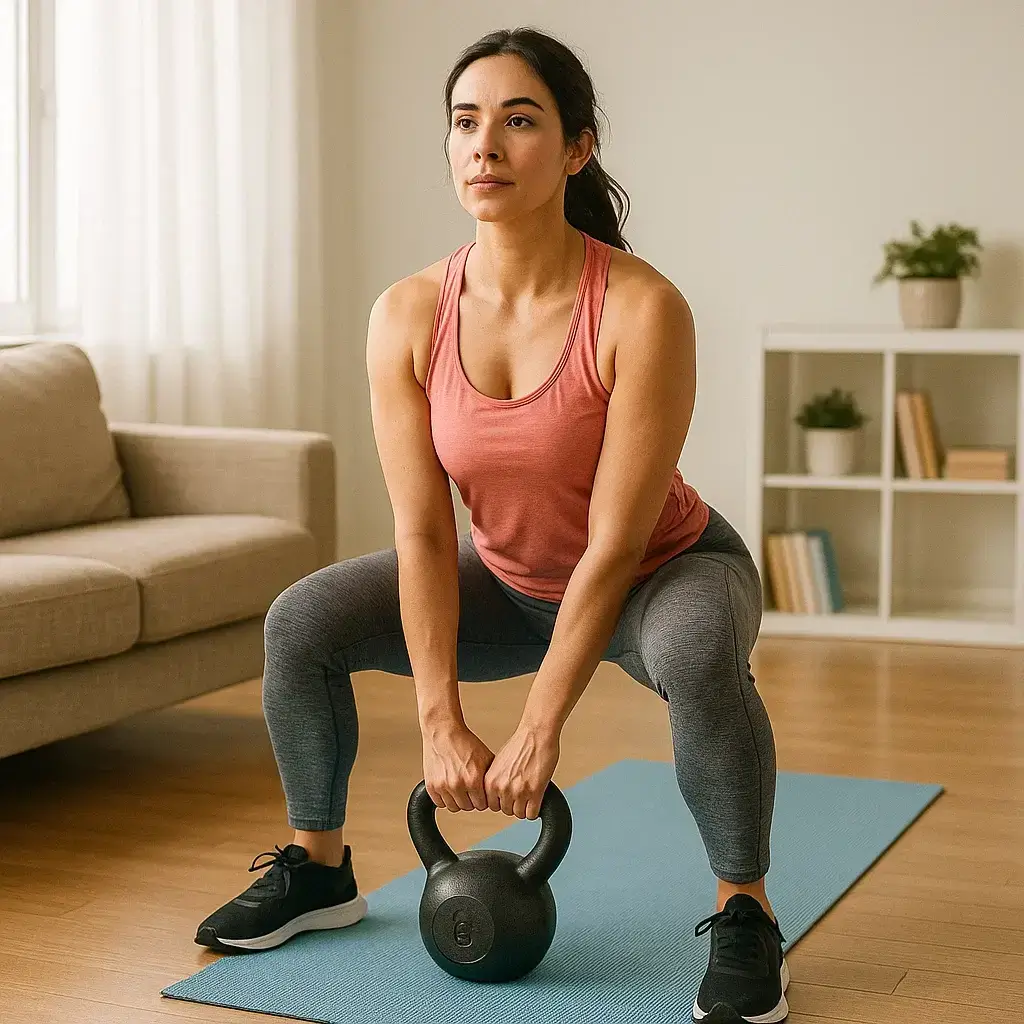 Femme en pleine séance de Remise en Forme à la Maison avec une kettlebell dans son salon lumineux.