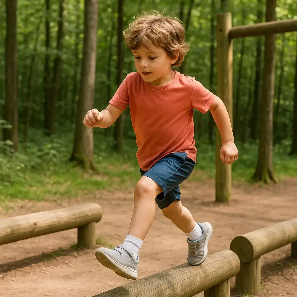 Petit garçon en pleine activité sportive maternelle sur un parcours de santé adapté aux tout-petits.