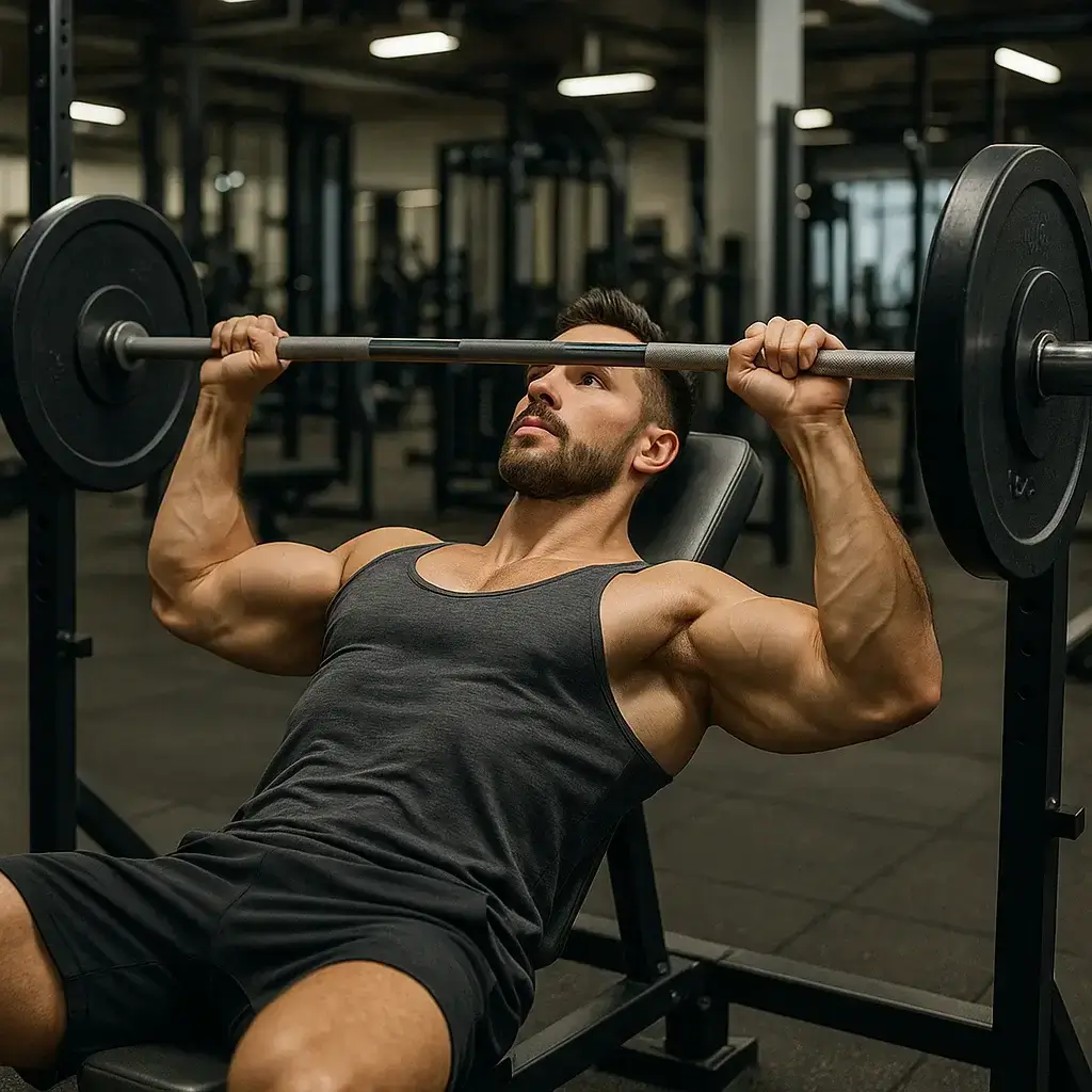 Homme musclé faisant du développé couché — les meilleurs exercices pour des pectoraux bien dessinés.