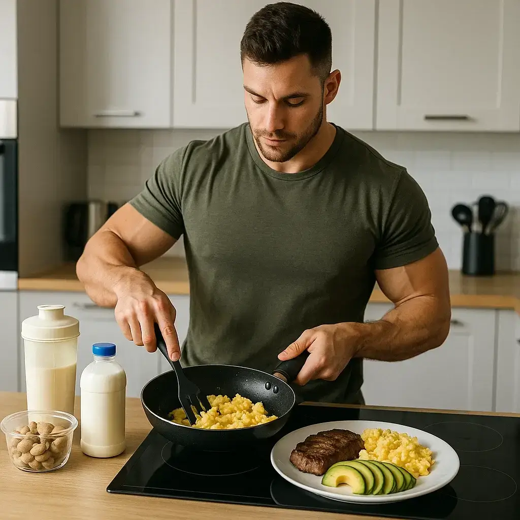 Homme musclé préparant un repas riche en protéines pour la Prise de Masse dans une cuisine moderne.