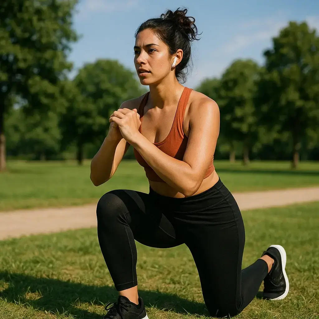 Femme souriante effectuant des étirements dans un parc verdoyant dans le cadre de sa Remise en Forme Progressive.