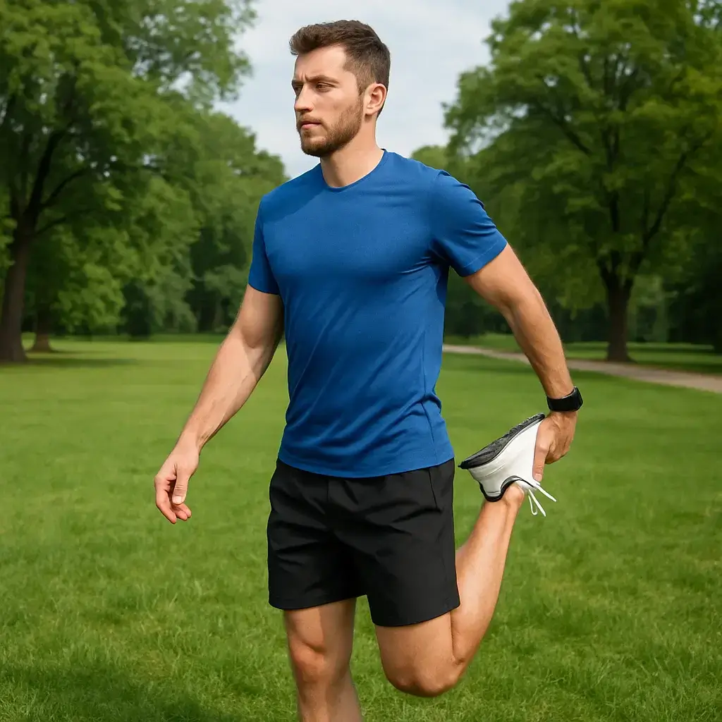 Homme effectuant des étirements des quadriceps debout en maintenant sa cheville derrière lui.