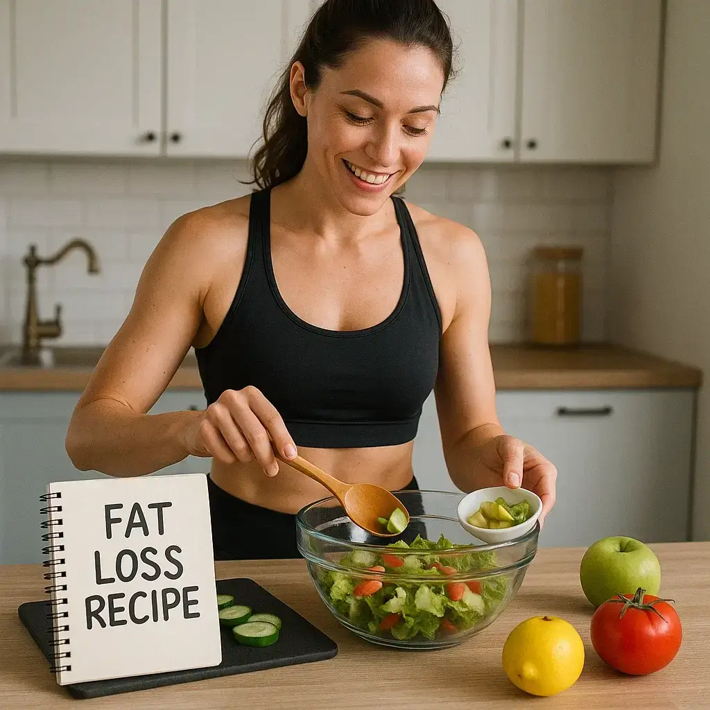 Femme souriante préparant une Recette Perte De Graisse avec des légumes frais dans sa cuisine.