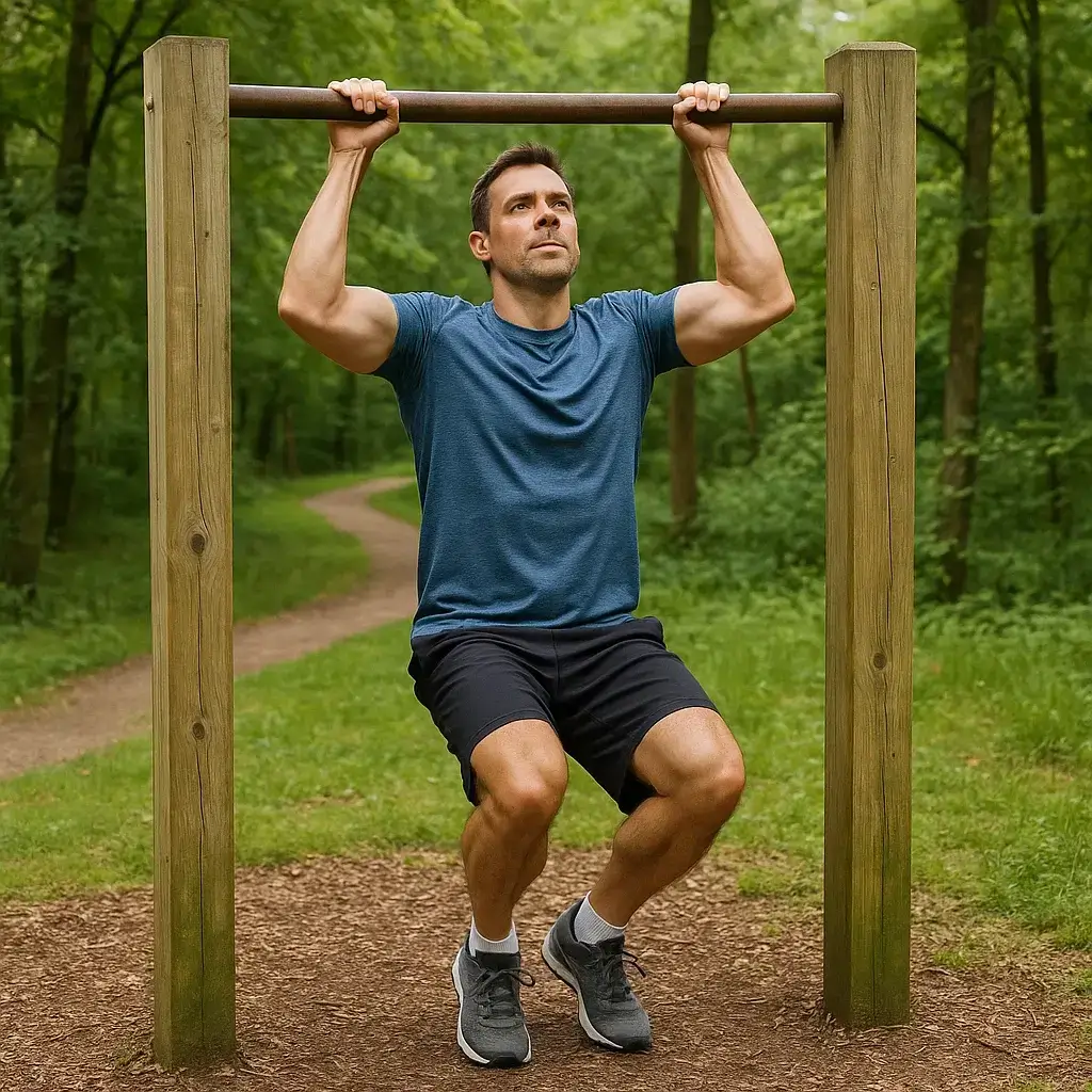Homme courant sur un parcours de santé en forêt pour une Remise en Forme Rapide.