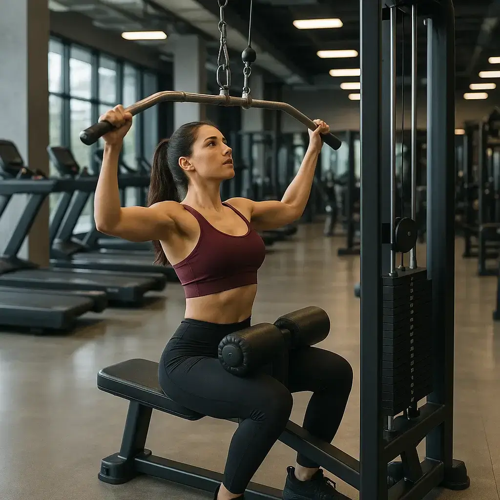 Femme en salle de sport effectuant un squat lors de sa reprise de musculation après une longue pause.