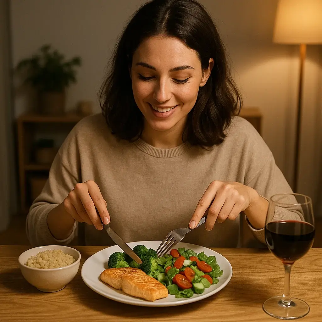 Femme souriante en cuisine préparant un Repas du Soir équilibré à base de légumes frais.