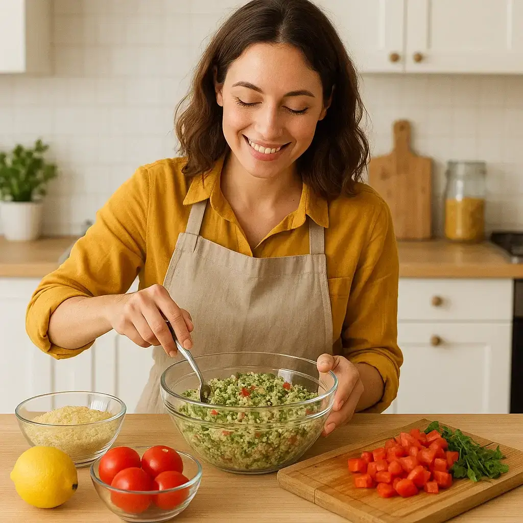 Femme souriante préparant une Recette Taboulé Gourmand maison dans une cuisine lumineuse.