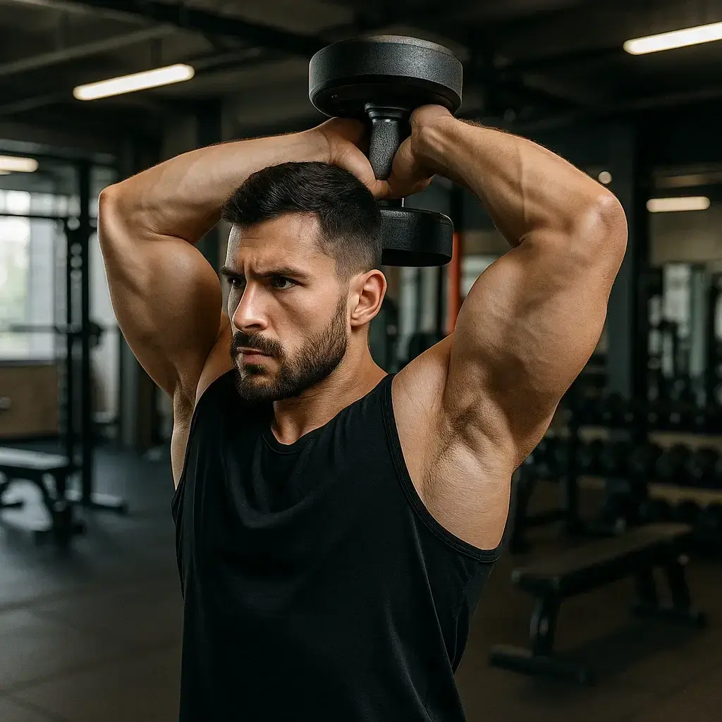 Exécution d’un exercices triceps avec haltères par un homme musclé, bras tendus au-dessus de la tête.
