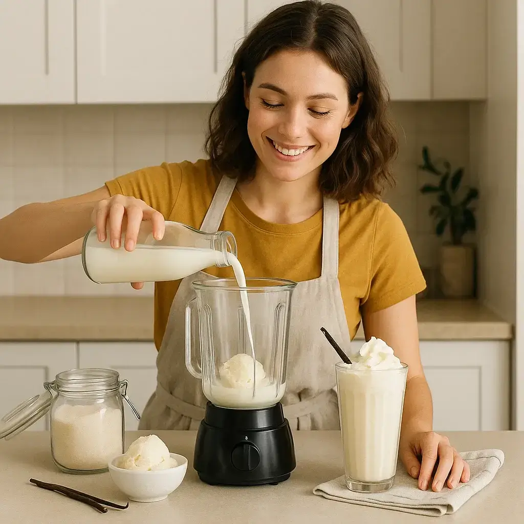 Femme souriante préparant une Recette Milk Shake Vanille maison dans une cuisine moderne.