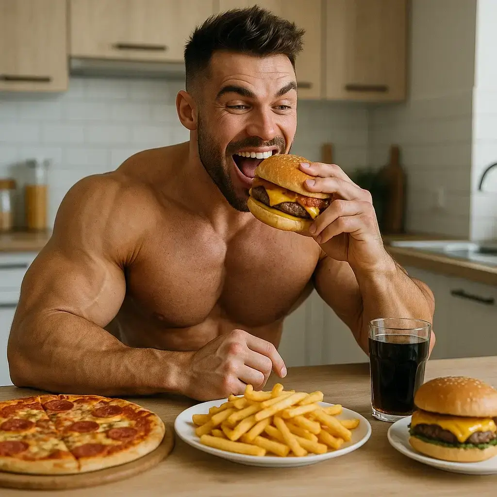 Un homme savoure un cheat meal copieux avec un burger, des frites et un soda.