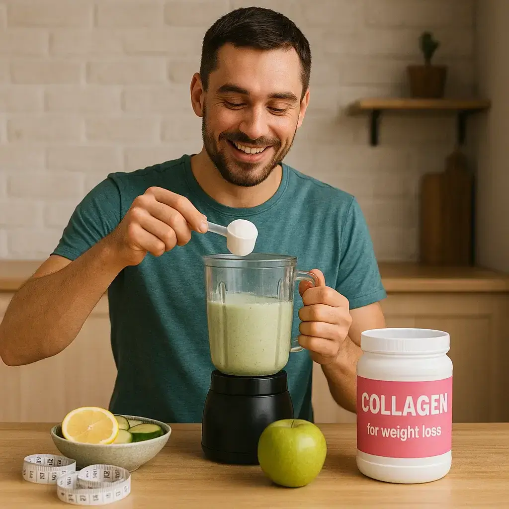 Homme en cuisine préparant une boisson santé à base de collagène et perte de poids.