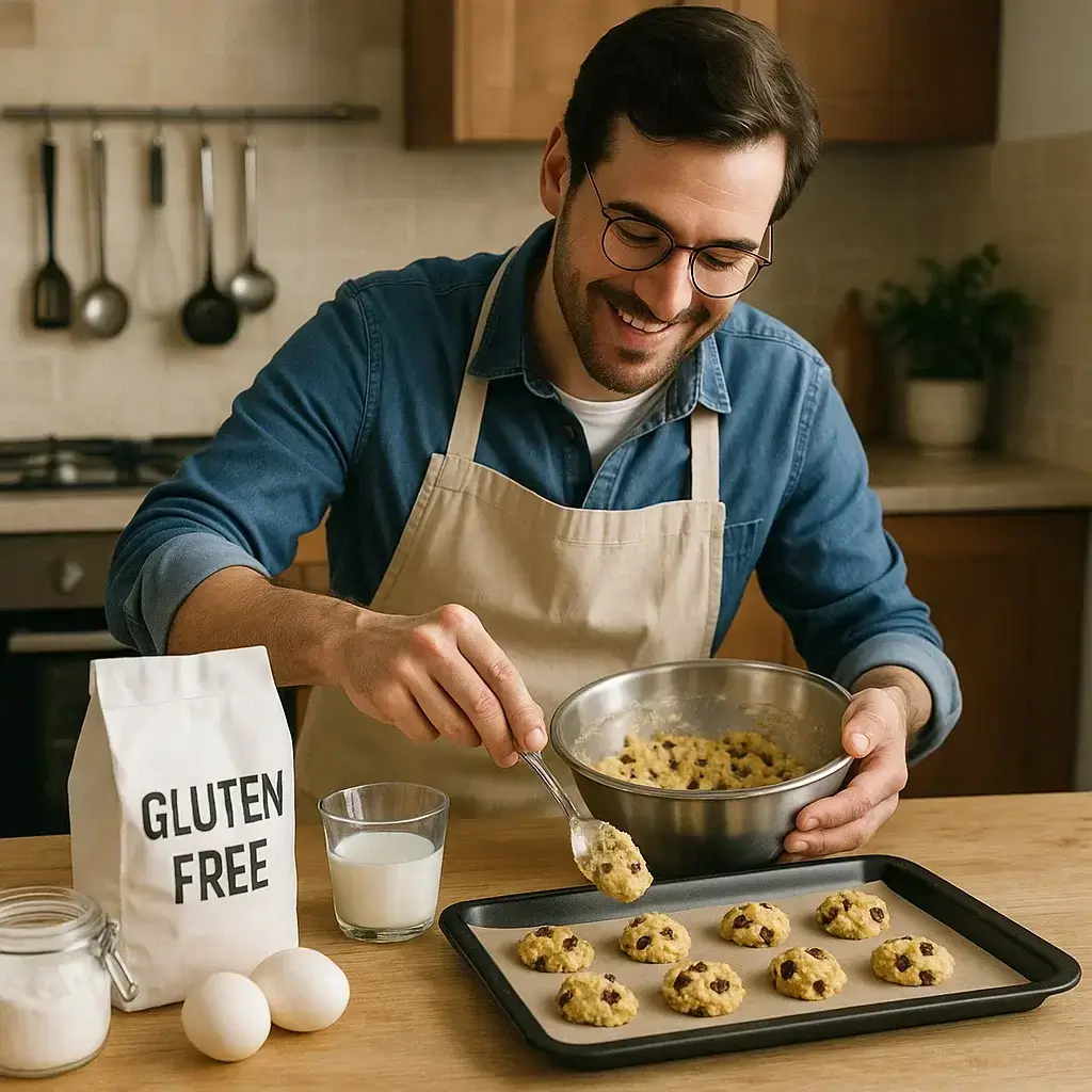 Un homme souriant mélange la pâte à Cookies Sans Gluten dans sa cuisine moderne.
