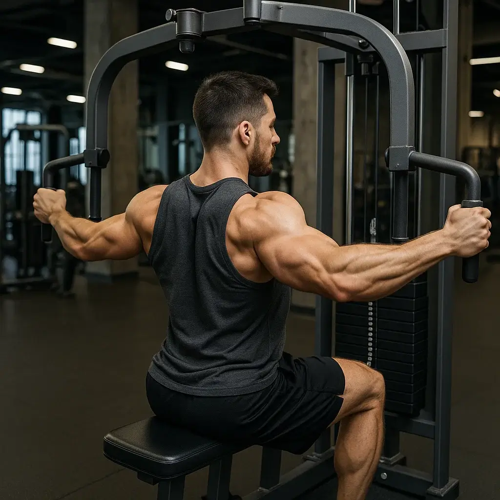 Homme en salle de sport exécutant un rowing pour cibler les Deltoïdes Postérieurs