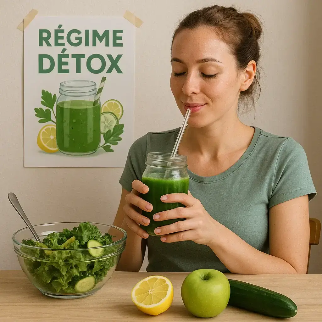 Femme souriante buvant un smoothie vert pendant son Régime Détox 3 jours 3 kilos.