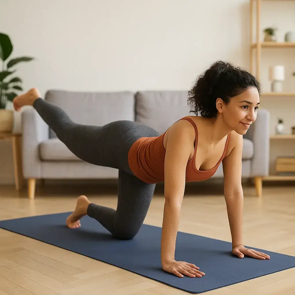 Femme en pleine séance de yoga dans son salon, pratiquant la Remise en Forme à la maison.