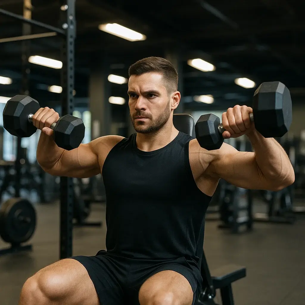Homme faisant un développé militaire avec haltères pour muscler les épaules.