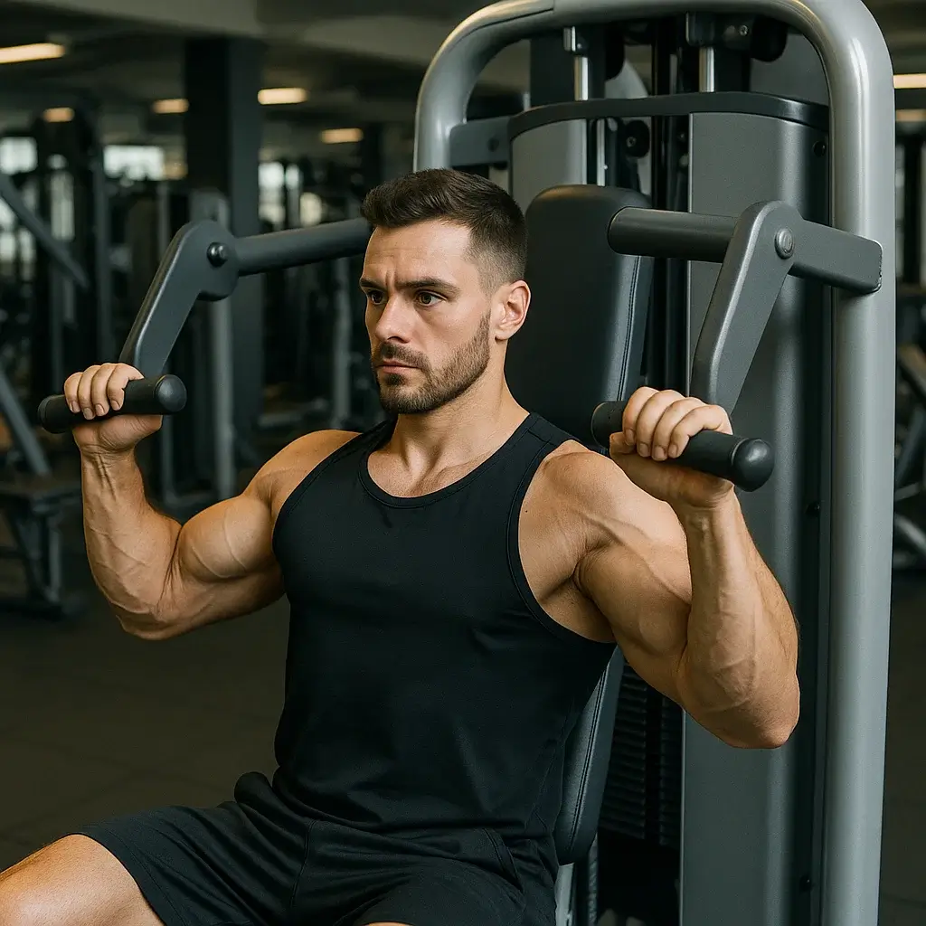Homme réalisant des exercices pour les épaules avec machines dans une salle de sport moderne.