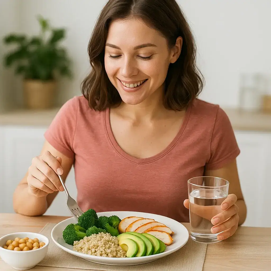 Femme souriante dégustant un bol de quinoa et légumes — bons glucides pour maigrir efficacement.