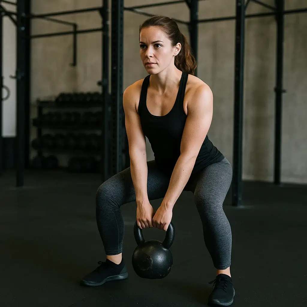 Femme en pleine exécution d’un Kettlebell Swing dans une salle de sport moderne.