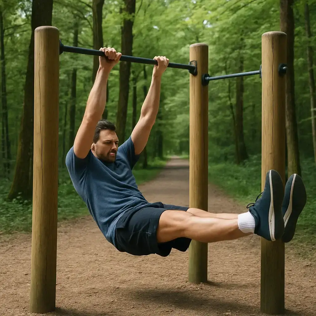 Entraînement fonctionnel d’un homme réalisant des Exercices Poids du Corps au sol, entouré de nature.