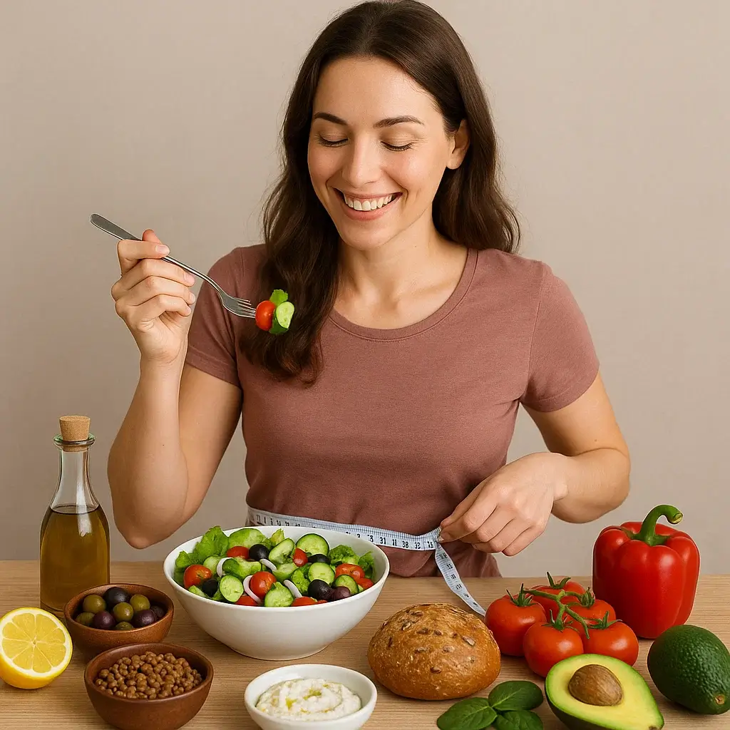 Femme souriante préparant un repas sain dans sa cuisine pendant son régime méditerranéen 21 jours de menus.