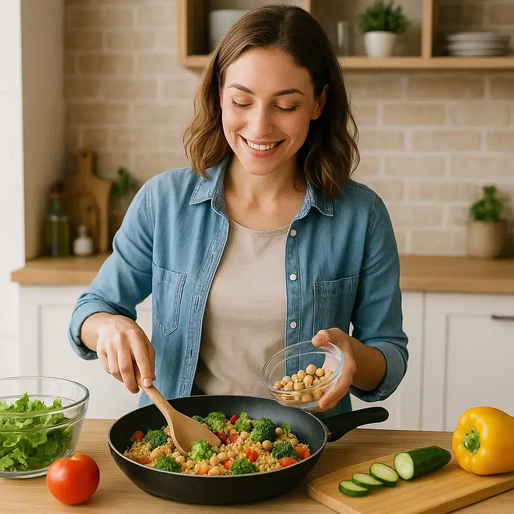 Femme souriante en cuisine préparant une Recette Facile et Équilibrée à base de légumes frais.