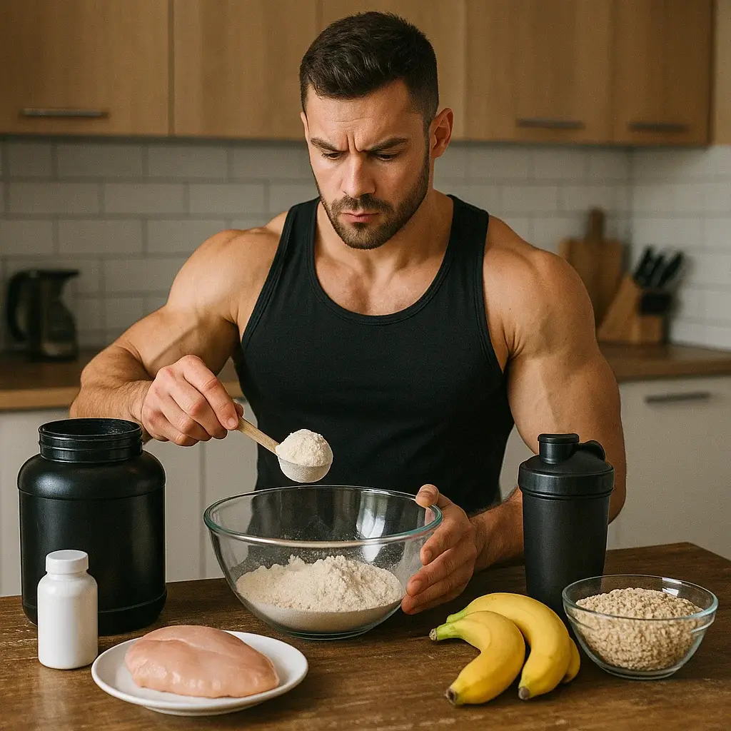 Homme en cuisine préparant des Recettes Musculation Prise de Masse riches en protéines et glucides complexes.