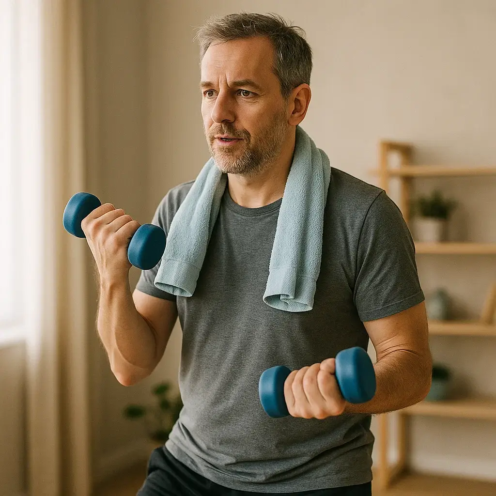 Homme de 40 ans faisant des pompes pour retrouver la forme dans une salle de sport moderne.