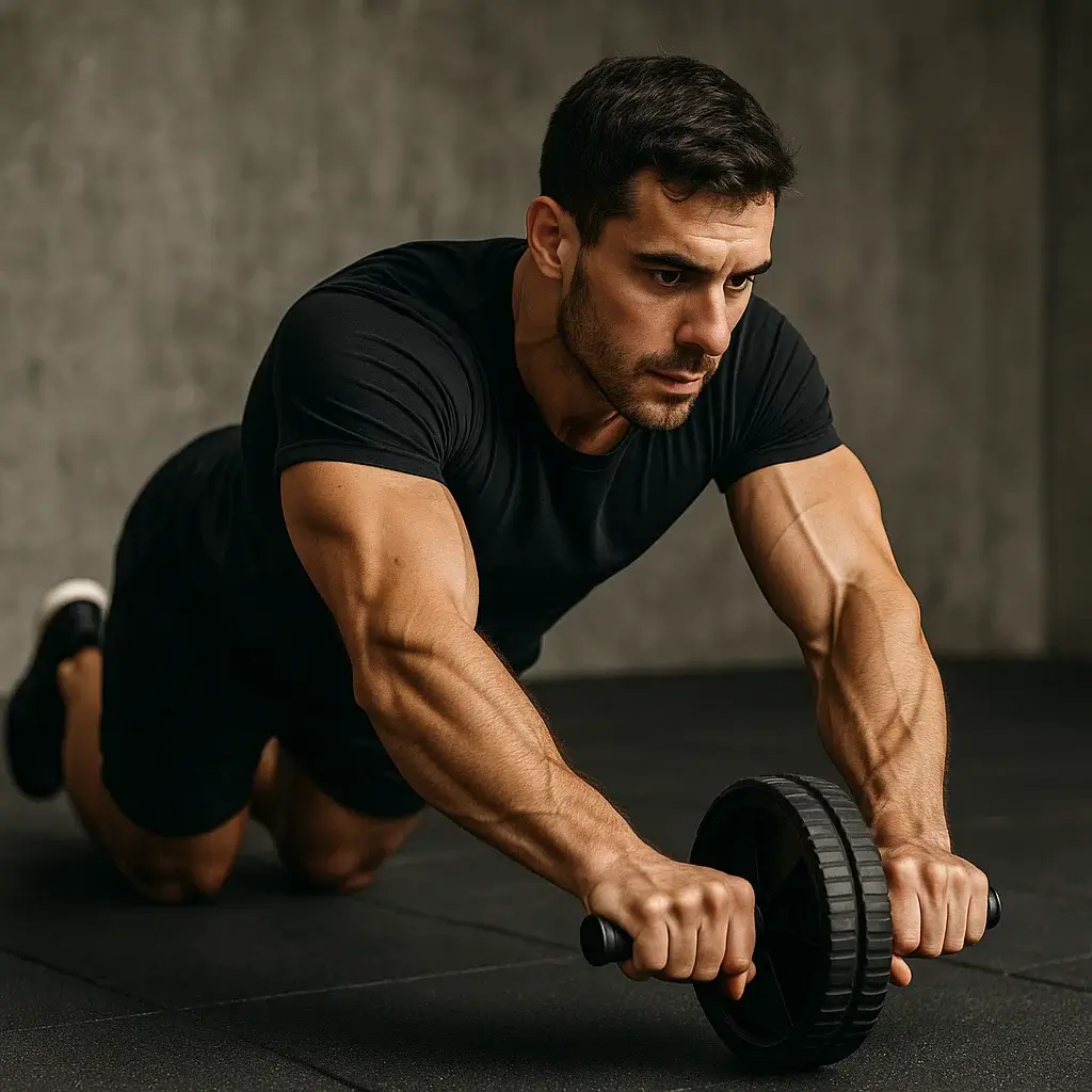 Homme en pleine séance d’Exercices Avec Roue Abdominale dans une salle de musculation moderne.