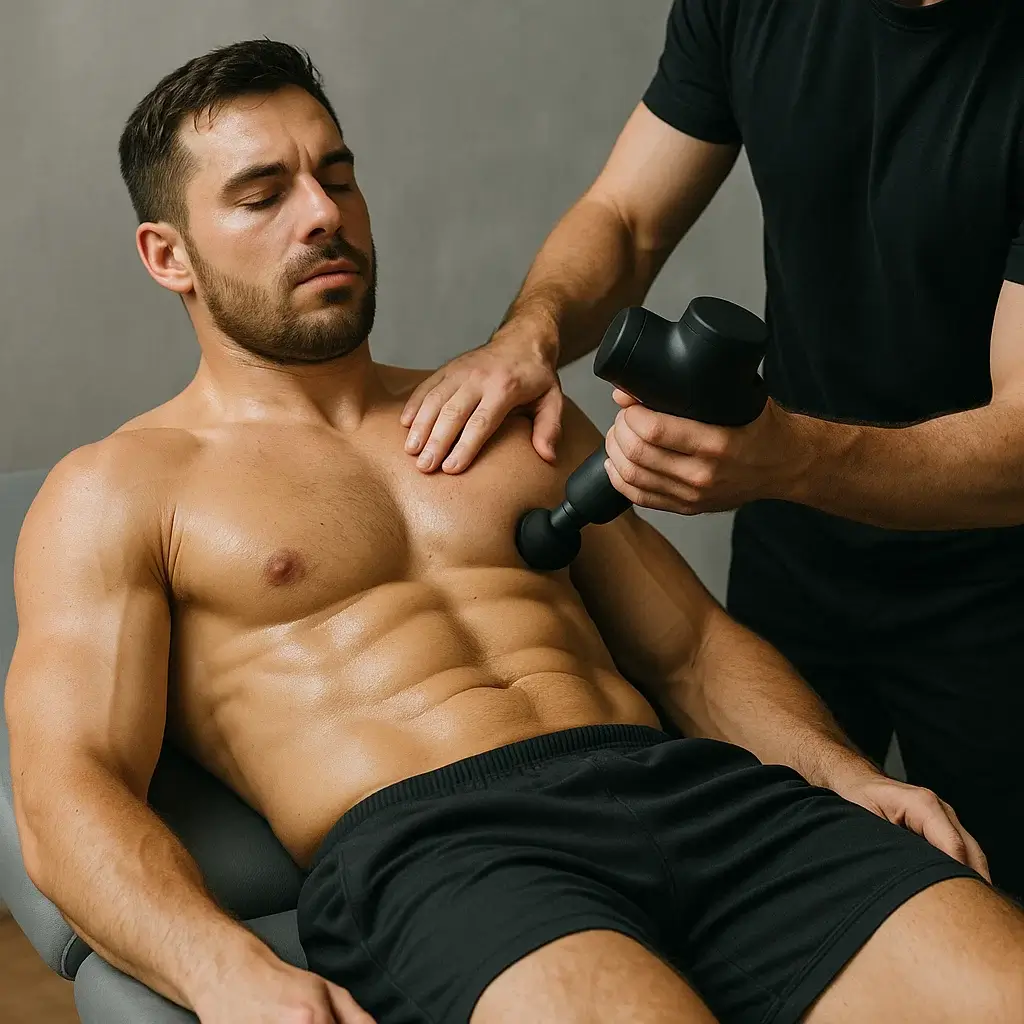 Homme recevant un massage sportif pour favoriser la récupération musculaire après un entraînement intensif.