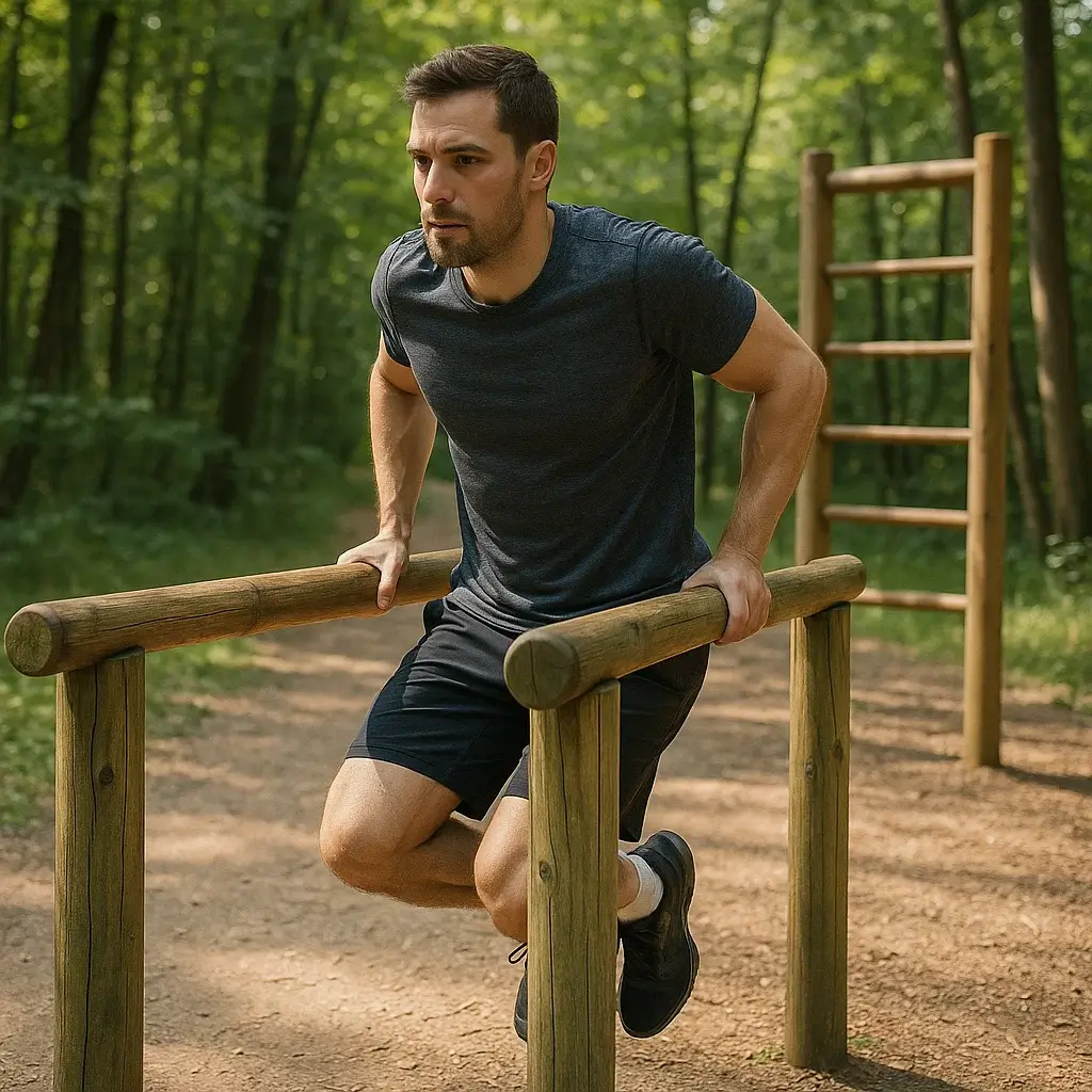 Homme de 40 ans en train de se remettre au sport en faisant des étirements dans un parc de santé.