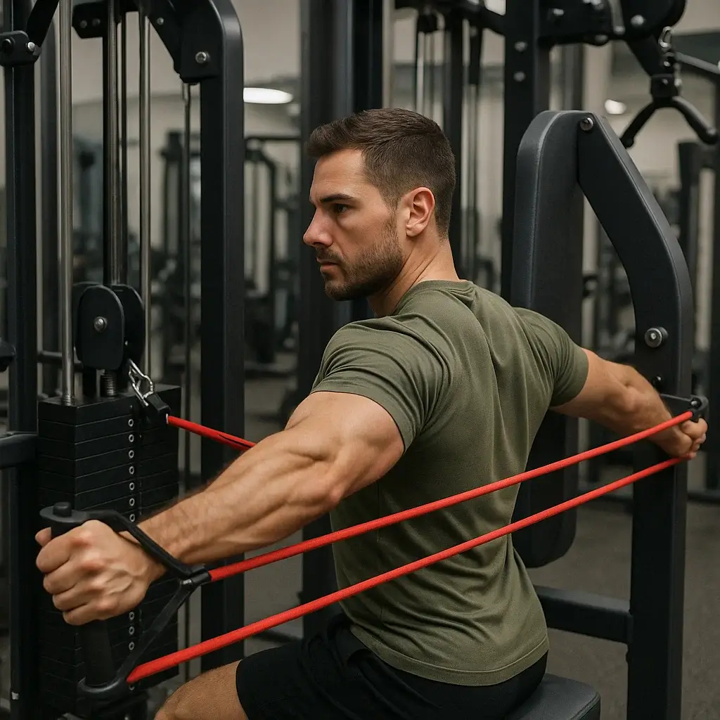 Homme effectuant des exercices arrière épaule avec un élastique pour renforcer les deltoïdes postérieurs.