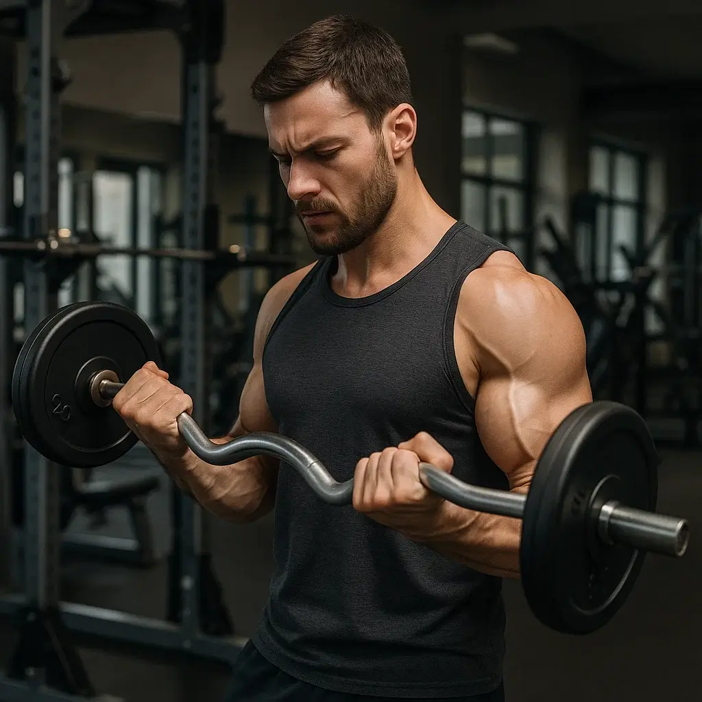 Un homme musclé en train de faire des exercices biceps avec des haltères dans une salle de sport moderne.
