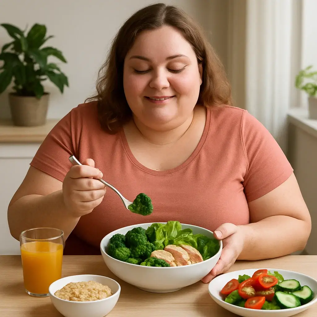 Femme souriante mangeant un plat healthy sur fond lumineux — illustration du thème « Combien de calories on brûle sans rien faire ».