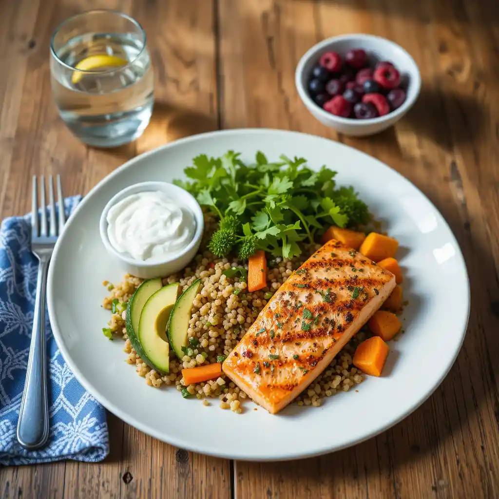 Plat équilibré de saumon grillé et quinoa pour un régime de 1200 calories.