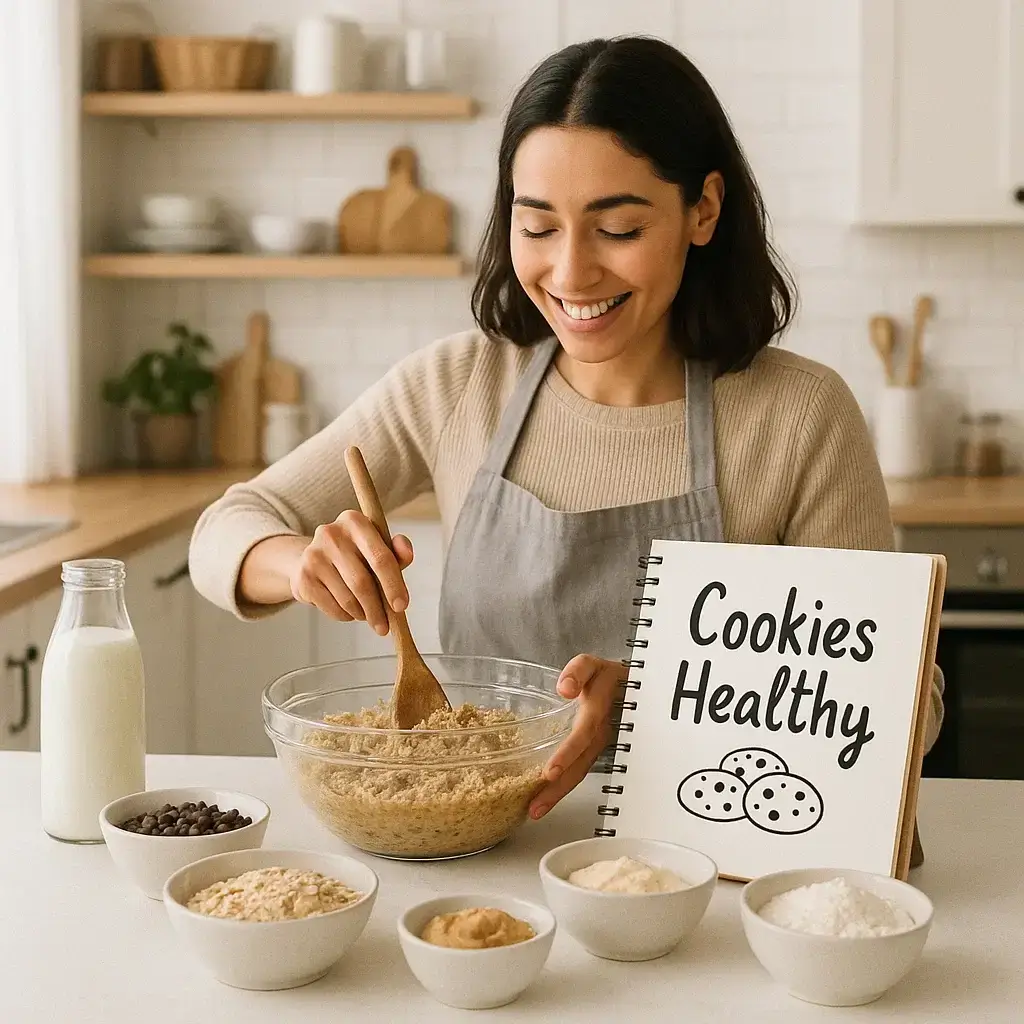 Femme souriante en train de préparer des Cookies Healthy dans sa cuisine moderne