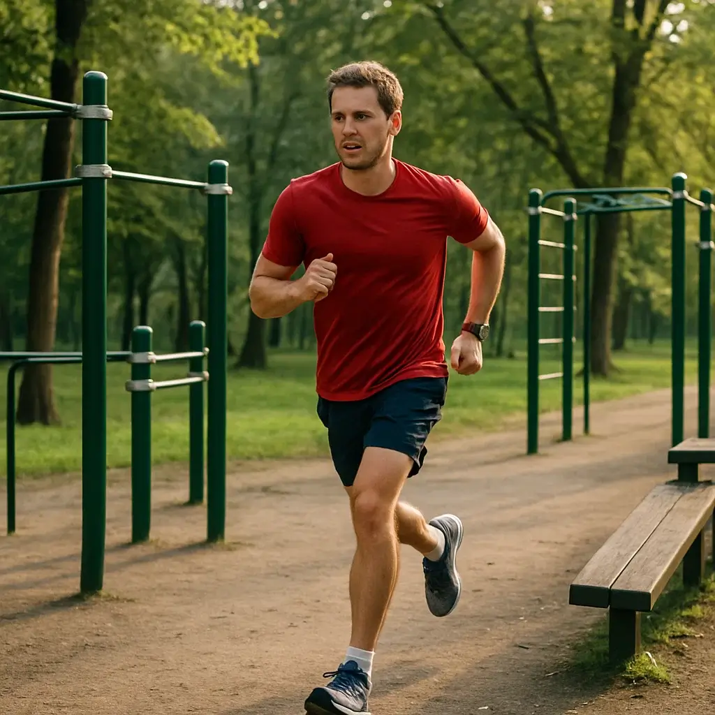 Homme en tenue de sport effectuant la course à pied sur un sentier forestier au lever du soleil.